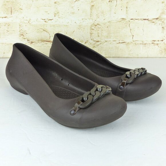 Crocs Gianna Chain Link Ballet Flats Womens 7 Brown Slip On Lightweight Comfort - Picture 2 of 12